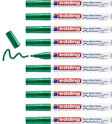 edding 751 Glanzlackmarker - grün - 10 Lackmarker - Rundspitze 1-2 mm - Lackstift für Glas, Stein, Holz, Kunststoff und Papier - wasserfest, stark deckend