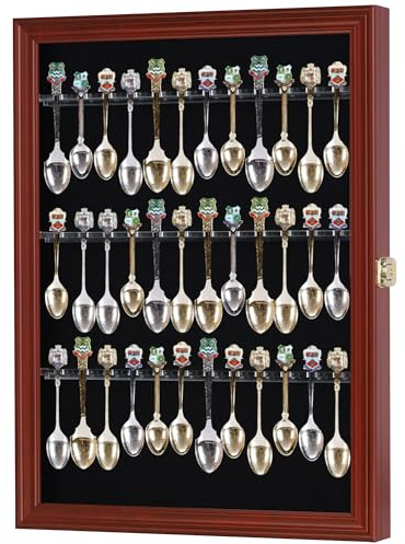 36 Souvenir Tea Spoon Display Case Rack Wall Mountable Cabinet Frame with Lockable Door Mahogany Finish