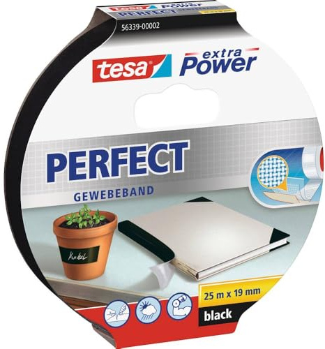 tesa extra Power Perfect - Vävförstärkt tejp för hantverk, reparation, fästning, förstärkning och markering vid målningsarbete både ute och inne - svart, 25 m x 19 mm