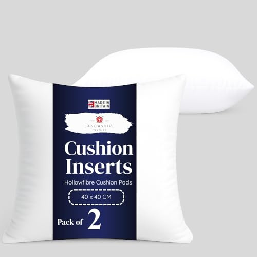 Lancashire Textiles 2 Pack 16 x 16” (40 x 40cm) Quality Microfibre Super Bounce Fibre Cushion Pads Made in Britain with Our Luxury Hollowfibre Filling