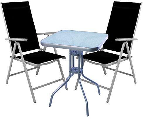 Mojawo® - Bistrogarnitur - 3-teilig - Bistrotisch Glas/Metall 60x60cm Silber + 2 Hochlehner/Positionsstuhl Klappstuhl Aluminium/Textilen Silber/Schwarz