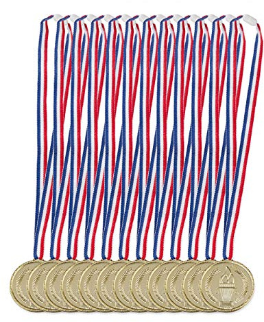 Relaxdays Goldmedaille Kinder 12er Set, Band, Fackel, Auszeichnung für Siegerehrung, Medaillenset, 5 cm Ø, Plastik, Gold | Auszeichnung für Siegerehrung, Medaillenset, 5 cm Ø, Plastik