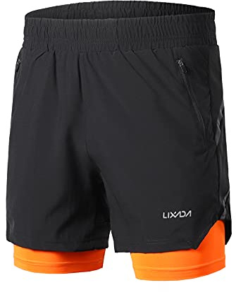 Lixada Men's Running Shorts, 2 in 1 Quick Dry Breathable Exercise Active Training Jogging Shorts Marathon Sport with Pockets Without Pockets 10 Colours S-XXL Black/Orange