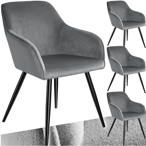 tectake® 4er Set moderner Esszimmer Stuhl, Sitzfläche aus Samt, Armlehnstuhl, Sessel Wohnzimmer, gepolsterter Bürostuhl mit schwarzen Metallbeinen, Schminktisch Stuhl - grau/schwarz