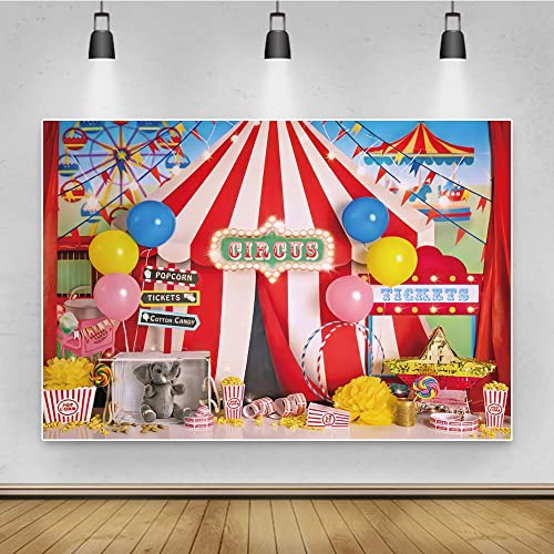 Renaiss 2.5x1.8m Circo Fotografia Sfondo Rosso Strisce Bianche Tenda Palloncino Carosello Sfondo Notte di Carnevale Kid Boy Girl Birthday Party Decoration Studio Puntelli