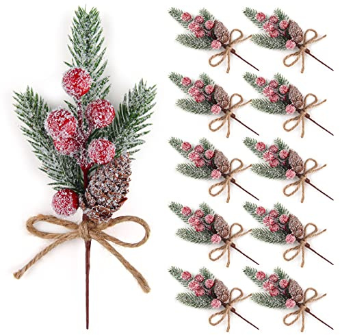 ELECLAND 10 Stück Weihnachtsdeko Künstliche Tannenzweige Spray Stiele mit Tannenzapfen Gefälschte Kiefer Picks Rote Beeren Stechpalme Blätter zum Basteln Blumen Weihnachtskränze Ornamente, Rot
