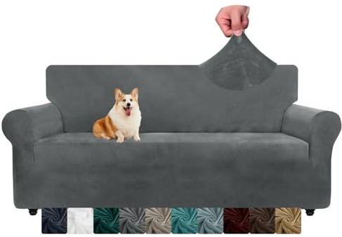 CHELZEN Samt Couchbezüge 3-Sitzer Dicke Stretch Sofa Bezüge für Hunde Haustiere rutschfeste Sofa Slipcover Waschbare Möbel Schutz für Wohnzimmer (3 Sitzer, Grau)