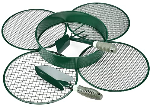 johgee Garden Sieve Metal, Soil Sieve, Garden Riddle Mesh Sizes 12mm/9mm/6mm/3mm, Gardening Sieve for Soil and Stones Large, Equipped with a Shovel and a Rake