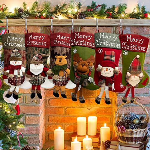 Foaincore Vintage Christmas Stocking 6 Pack 18 Inches with 6 Pieces Zinc Alloy Stocking Holders Fireplace Adjustable Holders for Family Holiday Mantel(Christmas Style)