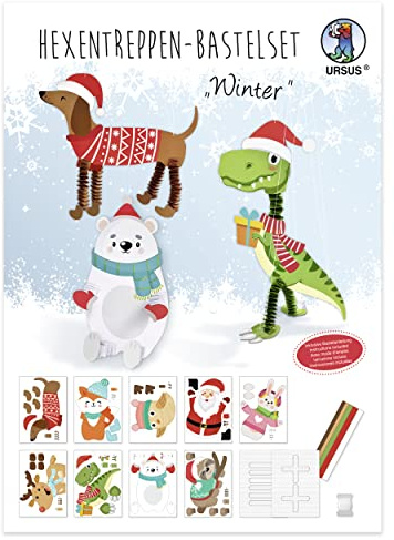 Ursus 21360099F - Hexentreppen Bastelset Winter, Set für 9 weihnachtliche Tiere aus Fotokarton, 25 x 35 cm, 300 g/qm, inkl. Papierstreifen, Vorlage, Faden zum Aufhängen und Bastelanleitung