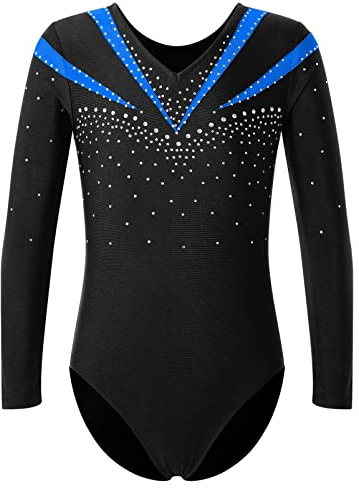 Alvivi Barn flickor, gymnastikdräkt, balettdräkt, långärmad dansbody med strass, balett, tröja, leotard, tävling, danskläder, blå, 134-140