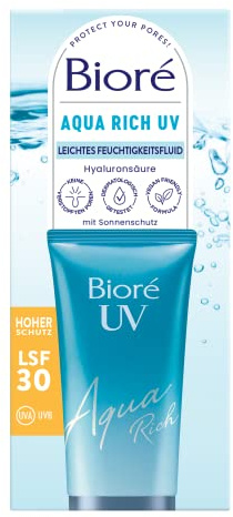Biore Aqua Rich UV – lätt fuktvätska för ansiktet – solskydd – solskyddsfaktor SPF 30 – UVA/UVB – Fungerar under makeup – icke-fet