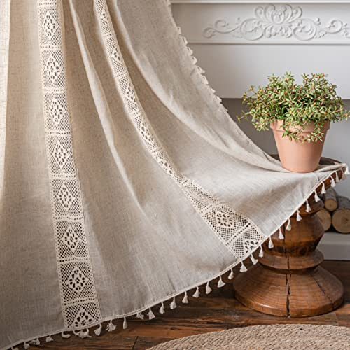 Sutuo Home Boho Curtain Semi-Blackout Crochet Hollow Lace Patchwork with Textured Linen Fabric, Handmade Tassels Rod Pocket Bohemian Window Drapes for Living Bedroom, 59 W x 84 L, 1 Panel