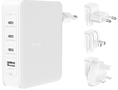 Belkin 140-W-4-Port-GaN-Ladegerät, Mehrfach-Stecker mit USB-C Power Delivery zum Schnellladen und USB-A-Anschluss für iPhone 16/15, Samsung Galaxy S24, Google Pixel, iPad, MacBook, Laptop, Tablet usw.