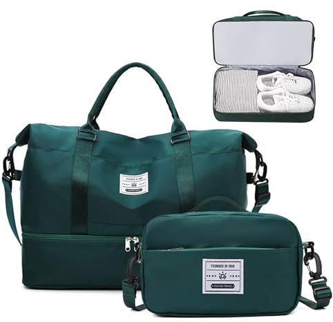 JXCTNNU sportväska resväska handbagage väska dam resväskor weekendväska vattentät resväska med skolväskor skofack och våtfack för resor gym yoga, Mörkgrön, 51 x 24 x 35 cm, Resväska