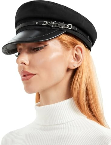 S.ROMZA Zeitungsjungenkappe für Damen, PU-Leder, Visier, Fiddler Cap, Newsboy Hut Damen, Cabbie-Kappe, Maler Baskenmütze, verstellbar 54–56 cm, Schwarz, S