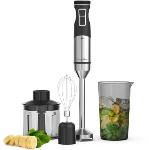 UNIVERSALBLUE Batidora de Mano Potente 1500W Motor DC, Turbo, 9 Velocidades – Accesorios Picador, Vaso, Batidor y Cuchillas de Acero Inoxidable – Pica y Tritura Hielo, Ergonómica y Fácil de Limpiar