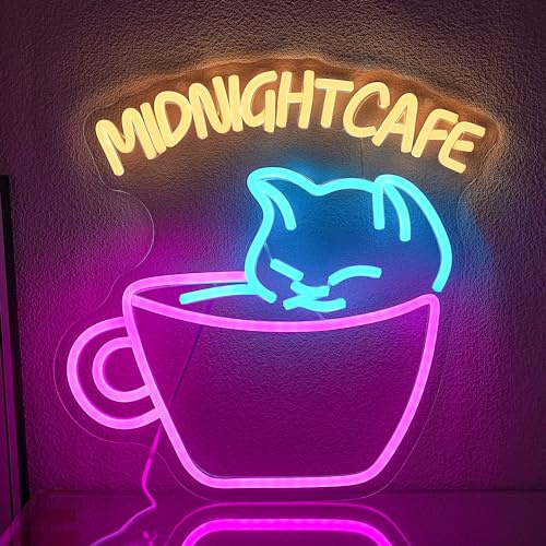 Mitternacht Cafe Neon Zeichen für Wanddekoration Nette Katze Neon Licht Dinmmable Cafe Neon Zeichen Rosa Kaffeetasse LED Neon Licht Zeichen für Coffee Shop Bäckerei Dessert Shop Bar Restaurant