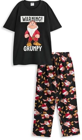 Disney Snow White & The Seven Dwarfs Grumpy Mens Black Graphic Tee | Short Sleeve Cartoon Shirt with 'WARNING! GRUMPY' Print | Classic Crew Neck Sleepwear Top