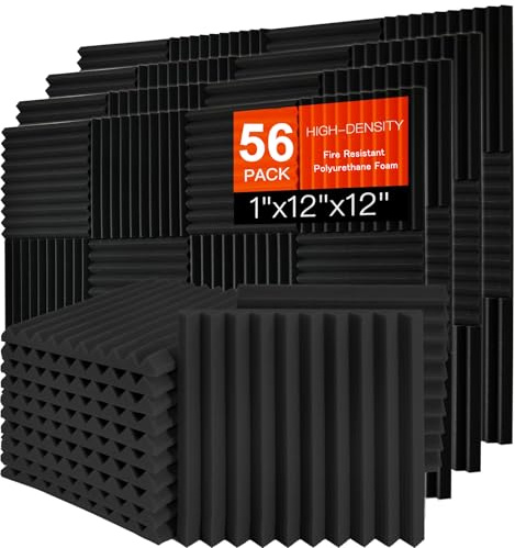 Saiqiang 56 Pack Acoustic Foam Panels, 1 x 12x 12 Sound Proof Foam Panels For Wall Fire Resistant, Noise Cancelling Dampening Sound Absorbing Black Wedge Panels For Studio Recording & Office & Home
