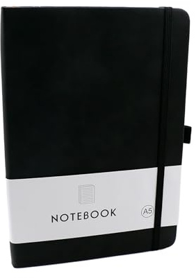 CiciIng Notizbuch A5, Notizbücher mit Gummizugverschluss, Schreibheft mit Stifthalter, Journal Buch Notizblock für Schule Büroarbeiten (Schwarz)