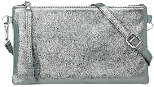 Caspar Elegante Leder Clutch Damen Umhängetasche Abendtasche mit Metallic Finish - CLASSIC LINE - Modell No.717 - Made in Italy, Farbe:olivgrün metallic, Größe:One Size