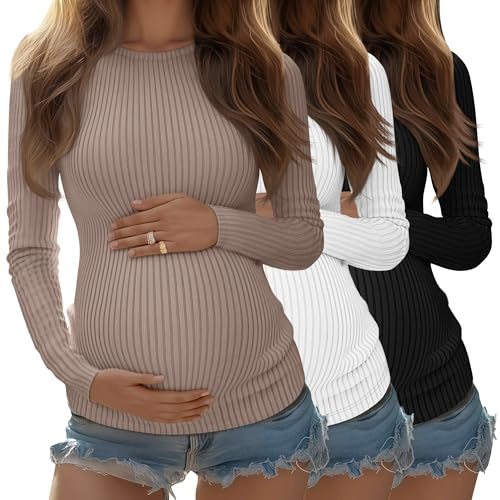 Riyiper Lot de 4 Chemises de Maternité pour Femmes, Manches Longues, Tricot Côtelé, Tuniques de Grossesse en Coton