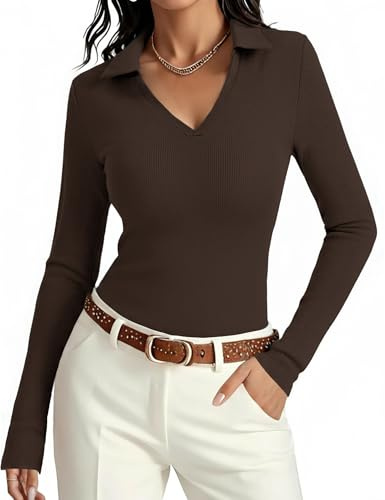Aottori Polo Femme Col V Côtelé Haut Manches Longues Extensible Uni | Sensation souple extensible; Manches longues; Col polo avec ouverture en V; Avec jean pantalon ou blazer; Bureau et quotidien