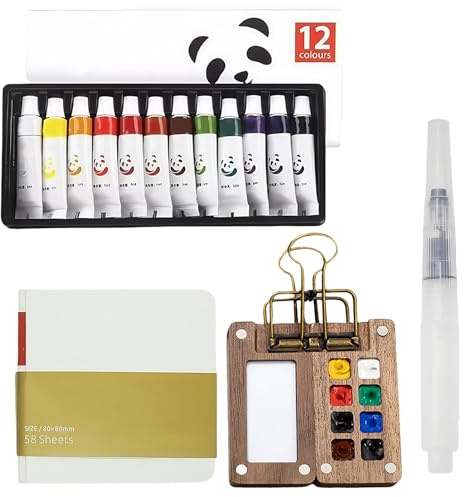 iuiiaii 5 Sets Mini Watercolour Paint Set Travel, Water Colour Paints Sets, Travel Watercolour Set with 8 Grids Mini Wooden Palette Watercolor Pen Sketchbook Clip for Watercolor Artist Enthusiast