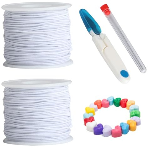 2 Rollen Gummiband für Armbänder Selber Machen Set, 1mm x 50M Elastische Schnur für Armbänder, Weiß Armband Schnur für Perlen Halsketten Schmuckherstellung DIY Handwerk Schmuckfaden Gummibänder