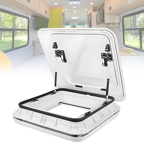 vnmudzeo 500x500 mm Double Layer RV Roof Window - w/Sunshade & LED Lighting,Soundproof Roof Vent,Aluminum Alloy,for Caravan Trailer Yacht TransparentWhite