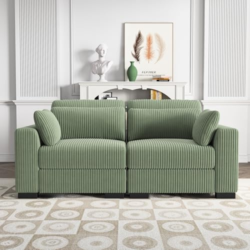 SUNFECILI 2-Sitzer Sofa aus Cordstoff, Couch mit Kissen und Breiten Armlehnen, verschiebbare Sitze, gepolsterte Sessel, modulares Wohnzimmersofa, für Wohnzimmer Schlafzimmer Büro (Grün, Loungesofa)