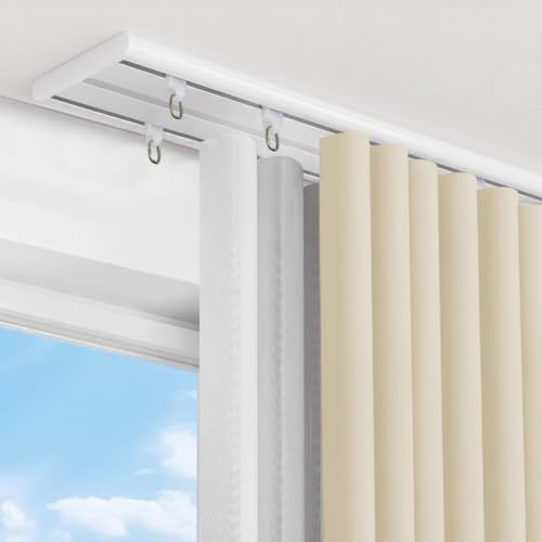 Cbsroro Double Row Ceiling Curtain Track, Silent Heavy Aluminum Duty Curtain Track System, Sliding Curtain Rails for Curtains, Room Divider Track for Bedroom Living Room Ofiice Hotel, White, 9FT