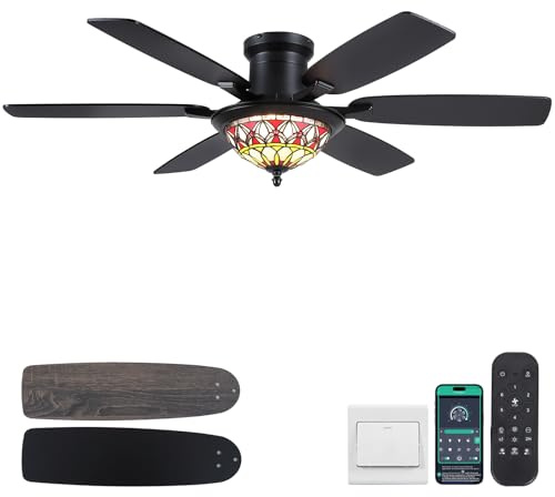 Kviflon 52 Tiffany Ceiling Fan with Light, Retro Stained Glass Shade | 52 Inch Ceiling Fan Chandelier,Flush Mount,6 Speeds,Reversible 6 Dual-Blades,3 CCT Dimmable LED Lights,Remote & APP Control