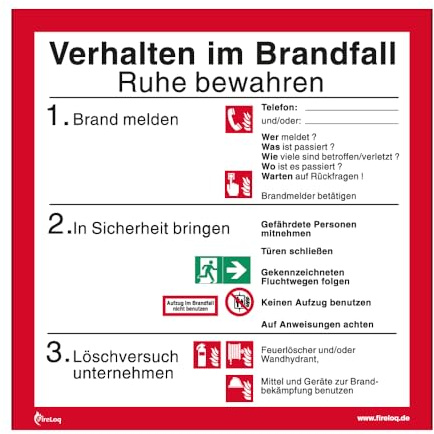 FireLoq Verhalten im Brandfall 20 cm x 20 cm nach ISO 7010 Kunststoffplatte mit selbstklebender Schaumschicht, nicht nachleuchtend Notfallplan UV-Beständig