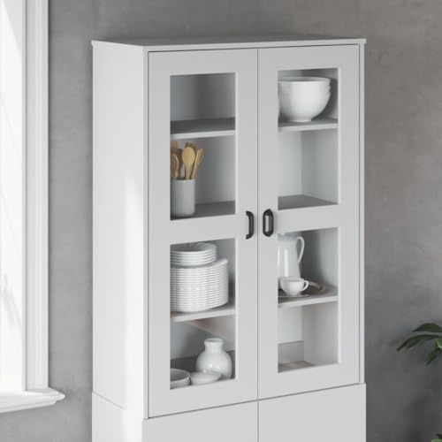 Hoopleep VIKEN Highboard Aufsatz Weiß, 80x35x110 cm Holzwerkstoff mit 2 Glastüren, Schrankaufsatz für Wohnzimmer Schlafzimmer, vielseitiger Stauraum Organizer