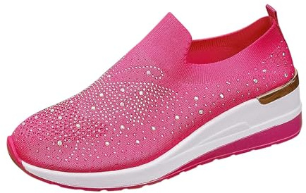 Kilklack skor dam eleganta sneakers löparskor med strass fritidsskor promenadskor slip-in bekväma lediga skor lätta andningsbara sportskor tjocka sulor joggingskor sommarskor, Het rosa, 40 EU