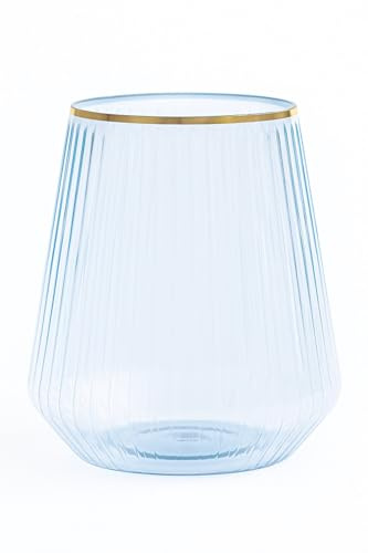 Decorline - Bicchieri da vino per origami a coste, blu in PET, senza BPA e infrangibili, 12 bicchieri da vino in plastica senza ferro da 37 cl, robusti tostapane e feste, per matrimoni, bar ed eventi