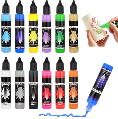 Alaoo Premium 12er Set Kerzenstifte á 30ml leuchtende Farben | 12 Kerzen selber Machen Set, 12 Stück Kerzenstifte, Keramik Bemalen Set, Taufkerze Selber Mache, Candle Pen für Kerzen