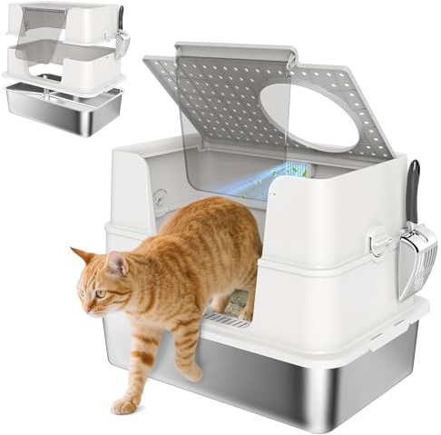 PawHut Lettiera in acciaio inossidabile per gatti, lettiera chiusa XL con coperchio, paletta, doppio ingresso laterale, facile da pulire, controllo degli odori, anti-perdite, grigio chiaro