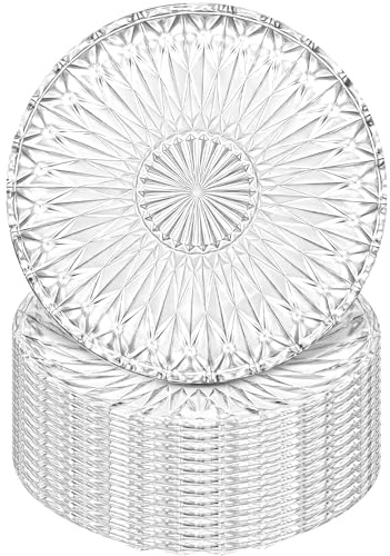RWFMO 12 Pack Clear Glass Dessert Plates, 20 cm Glass Side Plates, Embossed Diamond Glass Salad Plates for Cake, Fruit, Appetizers, Snacks and Afternoon Tea