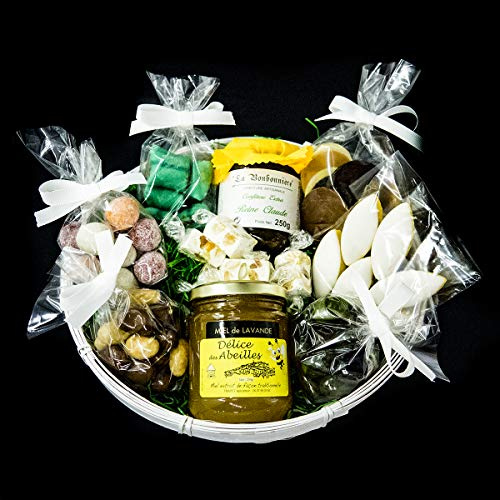 PANIER CADEAU DECOUVERTE CONFISERIES comprenant 9 produits (1 pot miel 250gr, 1 pot confiture 250 gr, et 630 gr de confiseries).
