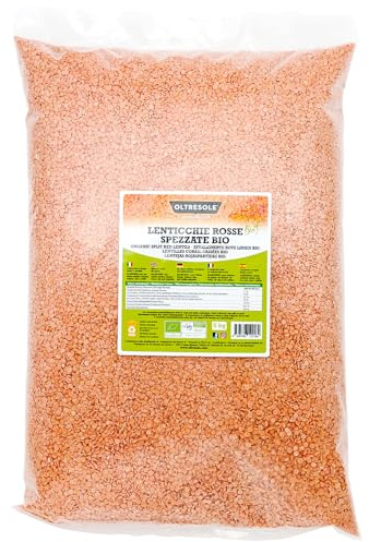 Oltresole, Lentilles rouges fendues biologiques 5 Kg, Légumineuses séchées biologiques, décortiquées et fendues, pas de trempage nécessaire, source de protéines et de fibres, format pratique