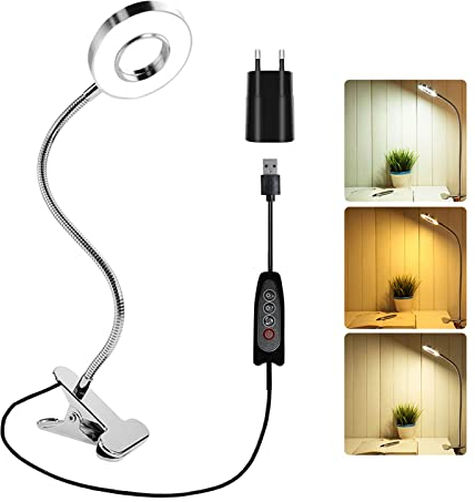 Akynite Lampada da Scrivania USB con Pinza e Adattatore, Lampada Pinza Argento per Makeup, 3 Colore e 10 Intensità, 48 LED Lampada Letto con Clip, Flessibile Lampada da Lettura Dimmerabile
