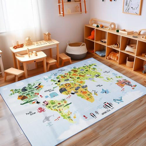 Carpettex Kinderteppich rutschfest | Weltkarte mit Tieren Design 120 x 170 cm | Kein Abwurf | Kurzflor und Waschbarer Spielteppich für Kinderzimmer für Mädchen und Jungen | Blau Meer, Pinguin, Wal