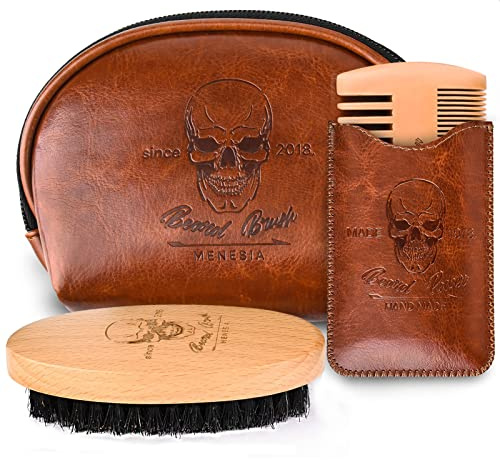 Menesia Beard Brush and Comb Set, Boar Bristle Hair Beard Brush Kit with Small Leather Travel Toiletry Bag Case for Men, Include Men's Wooden Mustache Comb