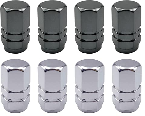 8 Pcs Aluminum Tire Valve Stem Caps - Metal Car Dust Caps for Tyres, Universal Tyre Valve Caps with Gasket for Motorbike, Trucks, Bike, Electric Scooter, SUV, Baby Buggies (Black, Grey)