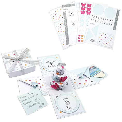 Frau WunderVoll® Explosionsbox Bastelset Happy Birthday mit Aufklapp-Funktion Konfetti Maße Box 10x10x10 cm (gefaltet), Geburtstag Geschenkbox Geldgeschenk Geschenk Party Scrapbook