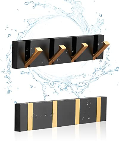 MrsJeggy 2 Pack，Waterproof Towel Hooks for Bathroom，Foldable Black Gold Coat Hooks，Free Perforated，Wall Hooks for Coat，Black Towel Hook，Robe Hook，for Balcony，Kitchen.