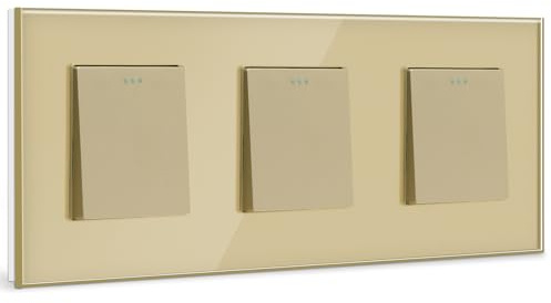 BSEED Interruptor de luz simple de 1 vía, empotrable, interruptor físico triple de cristal 10 A, interruptor basculante, dorado